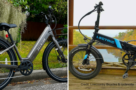 Aventon and Lectric electric bikes side by side for a head-to-head brand comparison of motors, batteries, brakes, and price