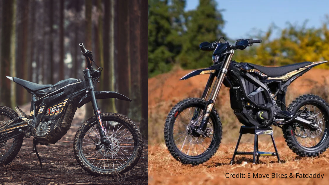 Surron and Talaria electric dirt bikes lined up for a side-by-side comparison