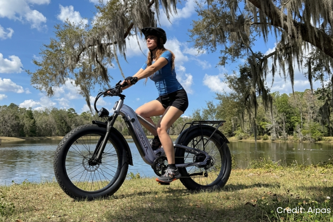 	Aipas M2 Pro eBike parked on a trail showing fat tires and full suspension frame