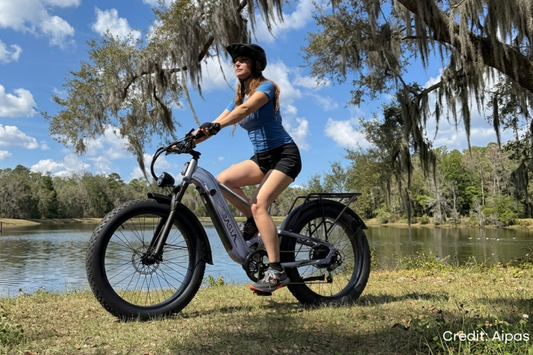 	Aipas M2 Pro eBike parked on a trail showing fat tires and full suspension frame