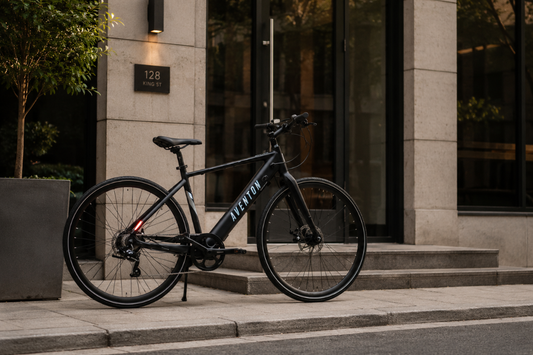 Aventon Soltera 2.5 lightweight commuter eBike with integrated lights parked on a city street