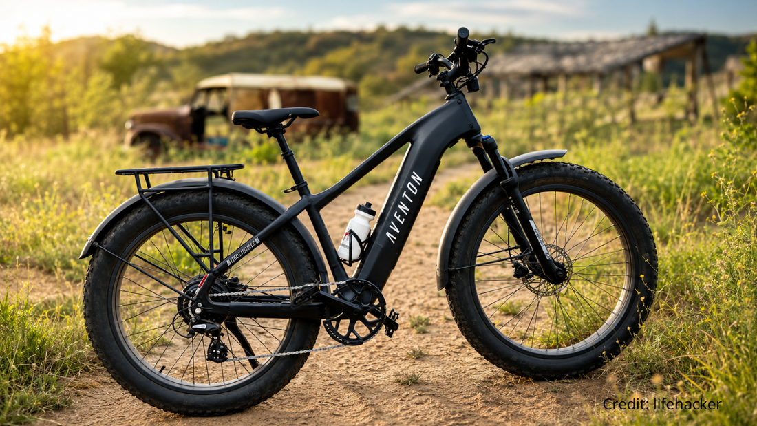 Aventon Aventure 3 fat tire electric bike parked on a gravel trail