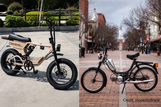 Side-by-side comparison of an electric bike and a moped parked in an urban setting for an eBike vs moped buyer's guide