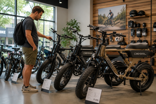 Rider comparing electric bikes in a showroom to figure out how to choose an ebike that fits their commute and budget