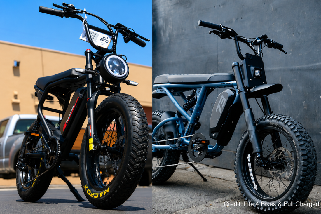 Macfox and Super73 electric bikes lined up side by side for a head-to-head brand comparison of motors, batteries, brakes, and price