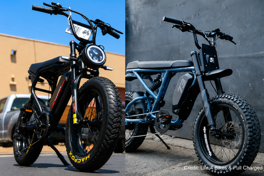 Macfox and Super73 electric bikes lined up side by side for a head-to-head brand comparison of motors, batteries, brakes, and price